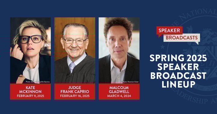 Spring 2025 NSLS Speakers: Kate McKinnon, Judge Frank Caprio, and Malcolm Gladwell.